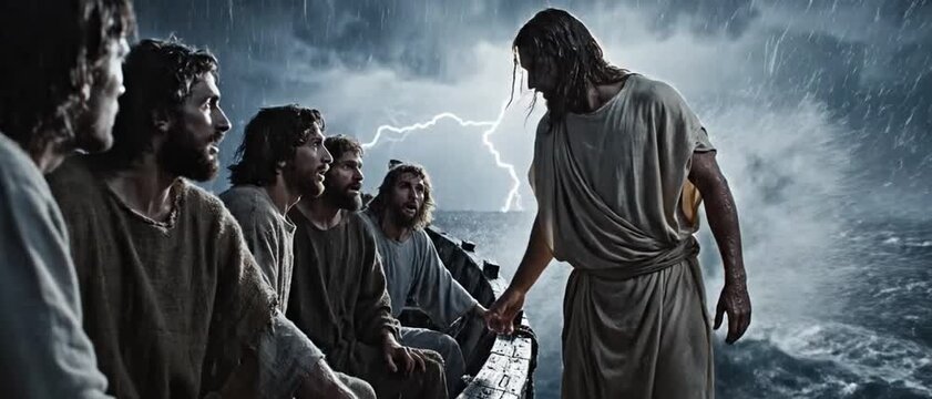Jesus walks on water across the sea towards a boat during a storm