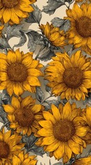 Sunflowers closeup pattern texture backdrop for textile, wallpaper design use
