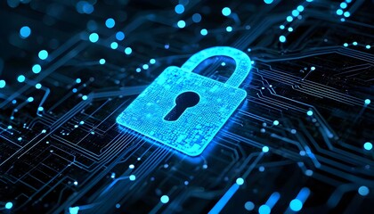 Glowing blue padlock icon on a digital circuit board background, symbolizing cybersecurity and data protection.