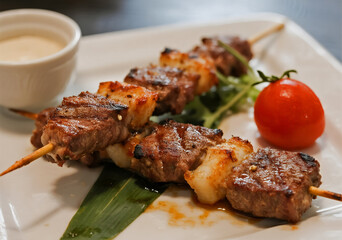 Juicy arrosticini meat skewers served with dipping sauce and cherry tomato on a white plate