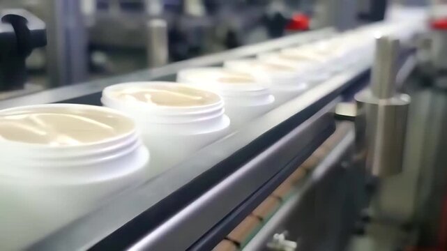 Open white cosmetic jars filled with cream moving along an automated conveyor on a manufacturing line, hygienic production and quality control before sealing and packaging, close-up industrial process