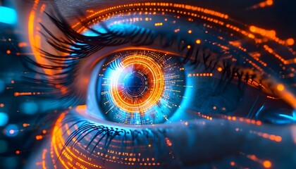 Close-up of a futuristic eye with digital circuits and glowing orange and blue light.