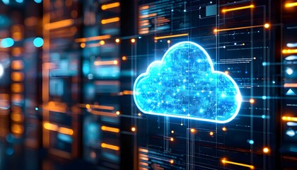 Digital cloud computing concept with glowing blue cloud symbol on a screen.