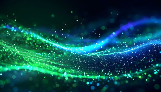 Abstract flowing waves of green and blue particles creating a mesmerizing, ethereal, and futuristic digital art. - Powered by Adobe