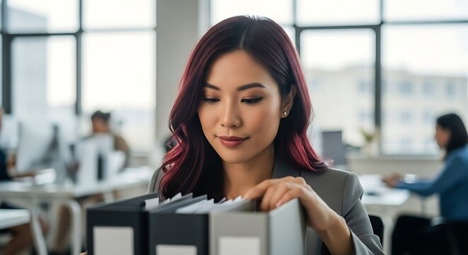 A professional Asian businesswoman with highlighted hair organizes files in a modern open-plan office. - Powered by Adobe