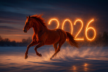 Fiery Horse Galloping in Snow with 2026 Glowing Sparks