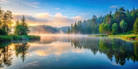 Serene forest lake at dawn with mist and fog