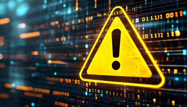 A yellow warning triangle with a black exclamation mark is displayed prominently against a backdrop of digital binary code, symbolizing a cybersecurity threat or data breach.