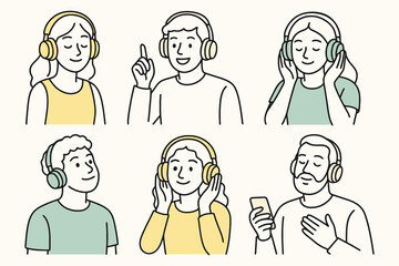 Diverse group of people enjoying music with headphones illustrated in a simple cheerful sketch style