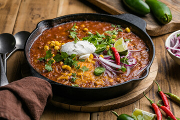 Chili con carne on wooden table with corn and spices