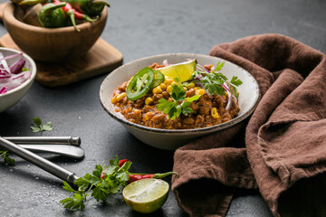 Chili con carne on wooden table with corn and spices