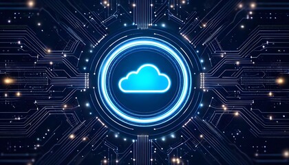 Cloud computing concept with glowing cloud icon and circuit board.