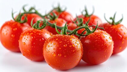 Cluster of Ripe Red Tomatoes with Water Droplets on White Background Detailed Macro Shot