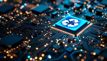 Close-up of a computer chip with a recycling symbol on it.