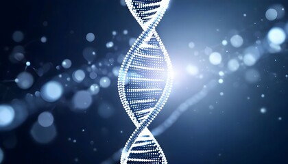 Abstract glowing DNA double helix structure with light particles on a dark blue background, representing genetics and biotechnology.