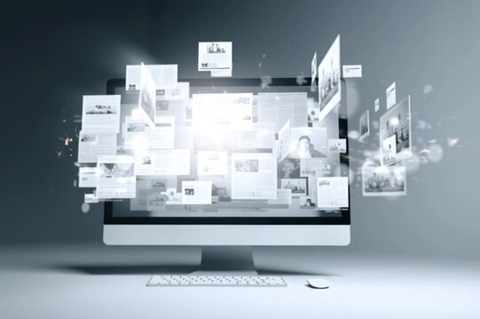 Desktop Computer Screen with Flying Digital Documents and Content - Data Management Concept, 4K video