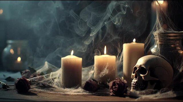 Creepy Halloween Scene with Skulls and Candle Smoke