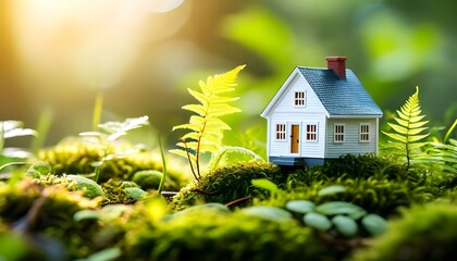 A miniature white house with a blue roof sits nestled in vibrant green moss and ferns, bathed in warm sunlight, symbolizing eco-friendly living and nature.