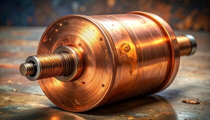 Shiny copper cylinder with threaded ends on a surface