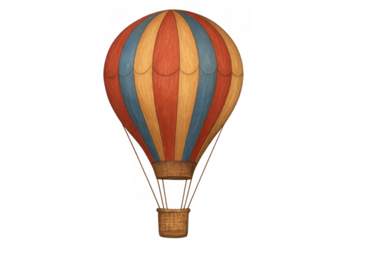 Watercolor style illustration of a retro hot air balloon with basket, flying high, evoking dreams of exploration and journey
