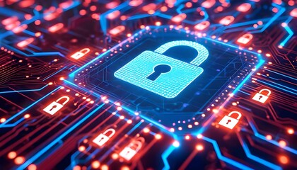 Glowing blue padlock icon on a futuristic circuit board symbolizing digital cybersecurity and data protection.