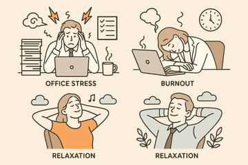 Illustrations showing office stress and burnout contrasted with peaceful relaxation and calm