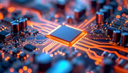 Close-up view of a glowing microchip on a circuit board with intricate electronic components and illuminated traces, representing advanced technology and computing.