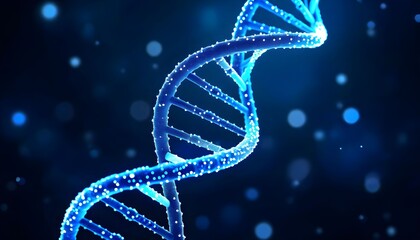 A close-up, detailed illustration of a DNA double helix structure, glowing with blue light.