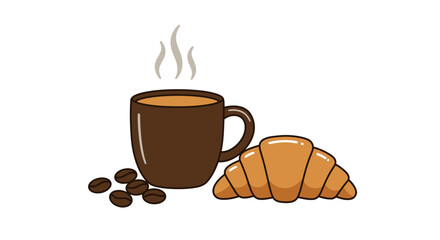 Steaming Coffee Cup with Fresh Croissant and Coffee Beans.