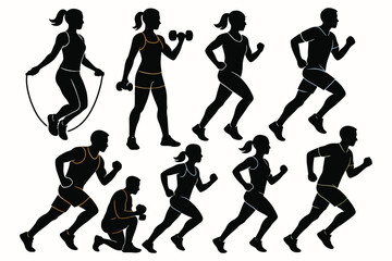 Diverse silhouettes of people engaging in various fitness activities and sports
