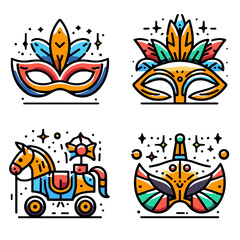Colorful carnival masks and decorative horse in playful style  