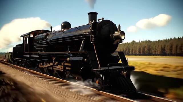  Classic steam locomotive powering along rural railway tracks, black engine with headlight, smokestack and driving rods, steam venting and motion blur under blue sky, heritage rail transport 