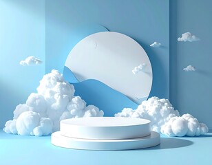 Pastel blue studio scene with a platform, clouds, and a moon shape