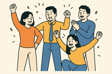 Diverse group of happy people celebrating success with confetti and raised fists