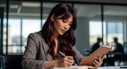 Obraz premium A professional Asian businesswoman writing notes in a journal at her desk in a modern office.
