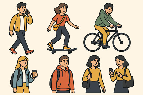 Diverse group of young people engaged in various urban activities and hobbies on a light background