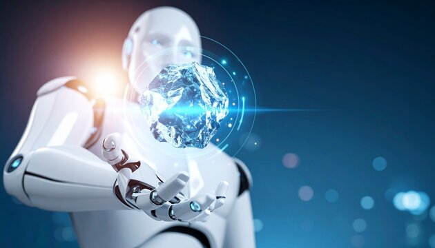 An AI robot holds a digital hologram representation. A futuristic concept
