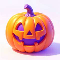 3d halloween pumpkin with purple glow and smiling face on soft background