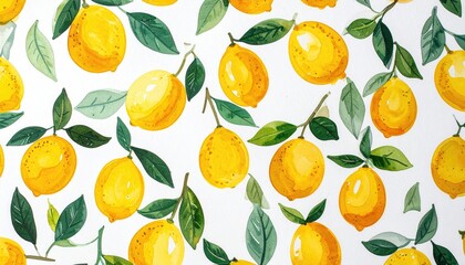 Watercolor lemons with leaves background for design, decoration, or food industry
