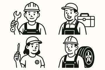 Diverse team of skilled tradespeople in a simple line art illustration