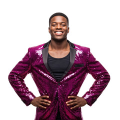 Confident young African American man in a vibrant magenta sequin jacket smiling cheerfully, posing with hands on hips against a dark studio background.