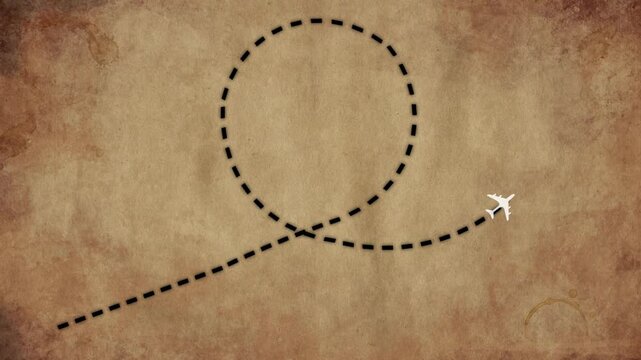 Airplane route. Video animation with white plane flying on the old map. The plane hovered on the dotted line.
