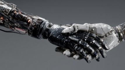 Futuristic Robot Hands Shaking Hands to Symbolize Cooperation Between Humans and Artificial Intelligence in Advanced Technology World