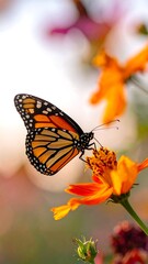Fototapeta premium Monarch butterfly delicately perched on a vibrant orange flower