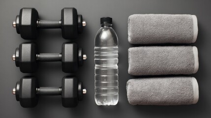 Obraz premium Fitness Equipment Arrangement with Black Dumbbells, Water Bottle, and Gray Towels on a Dark Surface for Workout Inspiration and Gym Motivation