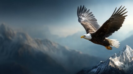 Obraz premium Majestic Bald Eagle Soaring Above Snow-Capped Mountains with Dramatic Sky and Natural Landscape in Stunning Photograph