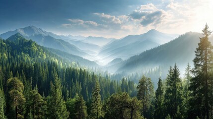 Fototapeta premium Serene Mountain Landscape with Lush Green Forest and Misty Valleys under a Bright Blue Sky and Soft Sunlight in a Peaceful Natural Setting