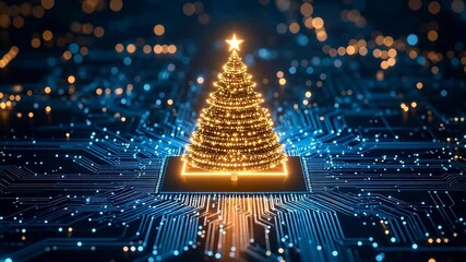 Glowing Christmas tree on semiconductor chip background with blue and gold circuit pattern for technology holiday concept, festive tech celebration - Powered by Adobe