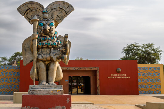 Lambayeque, Peru &ndash; January 5, 2024: Entrance to the Huaca Rajada - Sipan Site Museum with statue of the Lord of Sipan from the mochica civilization