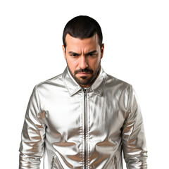 Obraz premium Pensive young adult man in his thirties with a beard and serious expression wearing a reflective silver jacket against a plain transparent background.